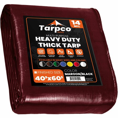 TARPCO SAFETY 40 ft x 60 ft Heavy Duty 14 Mil Tarp, Maroon, Polyethylene, Waterproof, Rip and Tear Proof TS-107-40X60